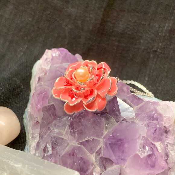 Salmon Pink Enamel & Pearl Flower Necklace Sterling Silver Vantel Pearls J224 - Picture 3 of 4